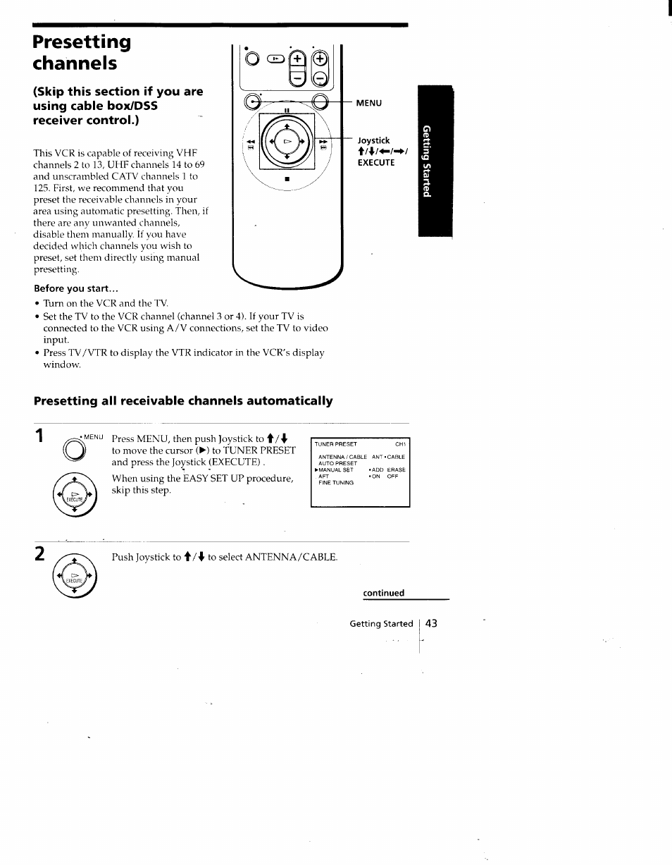 Presetting, Channels, Before you start | Presetting all receivable channels automatically, Presetting channels | Sony SLV-775HF User Manual | Page 43 / 80