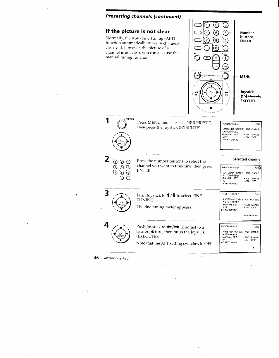 If the picture is not clear, Presetting channels (continued), Number buttons, enter | 46 getting started | Sony SLV-775HF User Manual | Page 46 / 80