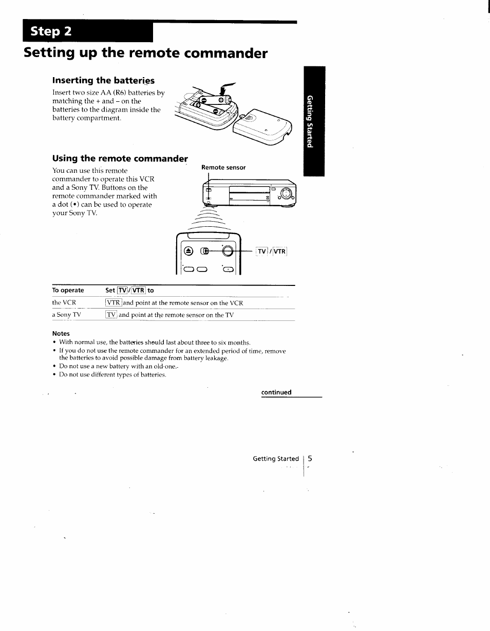 Setting up the remote commander, Inserting the batteries, Using the remote commander | Remote sensor, To operate, Notes, Continued, Step 2 setting up the remote commander, R-rvurvirl | Sony SLV-775HF User Manual | Page 5 / 80