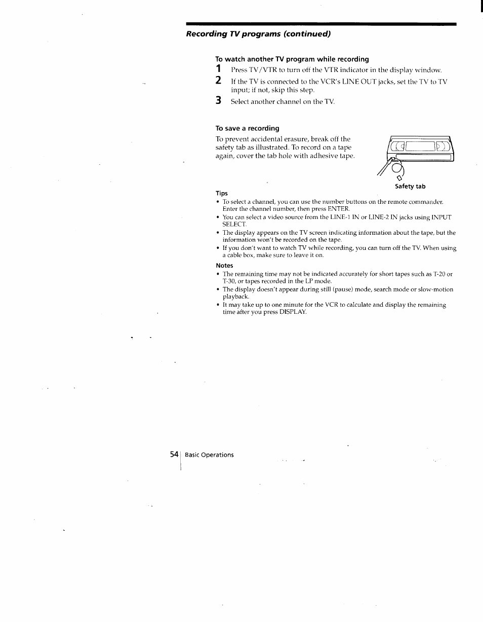 To watch another tv program while recording, To save a recording, Tips | Notes, Recording tv programs (continued) | Sony SLV-775HF User Manual | Page 54 / 80