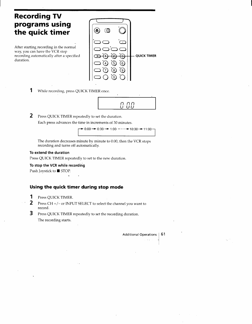 Recording tv programs using the quick timer, To extend the duration, To stop the vcr while recording | Using the quick timer during stop mode | Sony SLV-775HF User Manual | Page 61 / 80