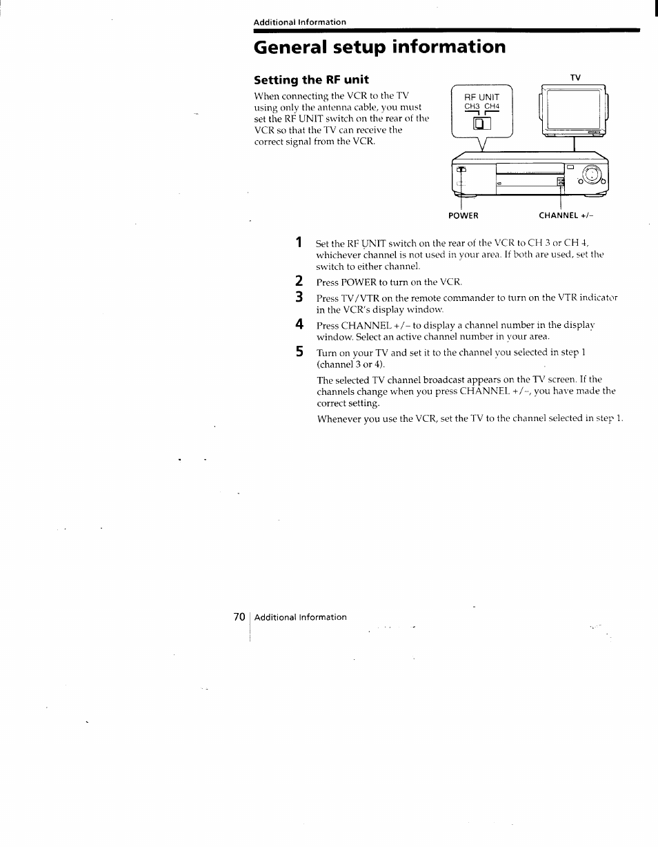 General setup information, Setting the rf unit | Sony SLV-775HF User Manual | Page 70 / 80