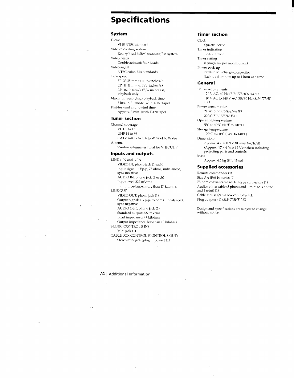 Specifications | Sony SLV-775HF User Manual | Page 74 / 80