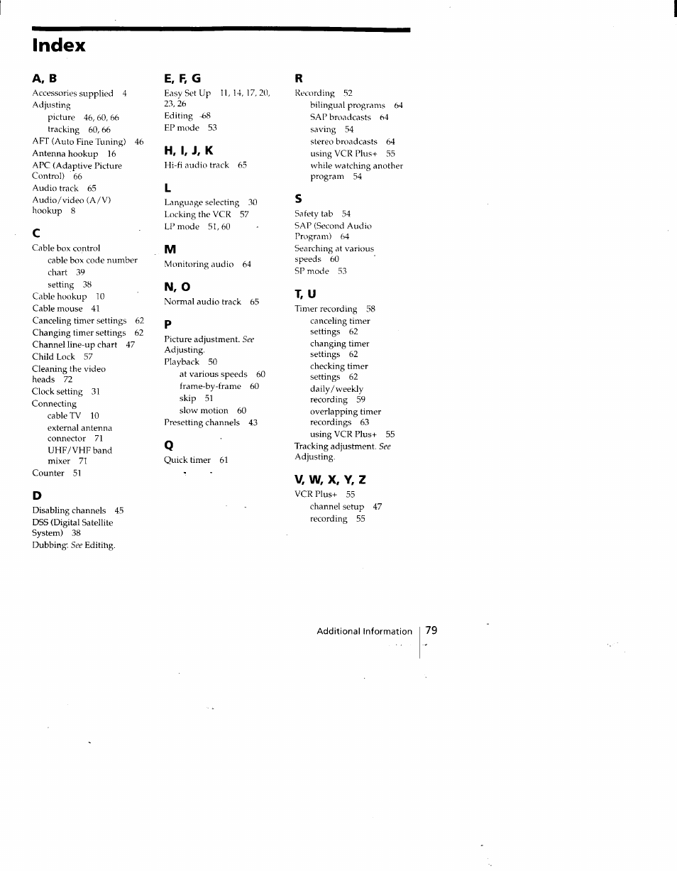 Index, A, b, E, f, g | H, i, j, k, N, o, V, w, x, y, z | Sony SLV-775HF User Manual | Page 79 / 80