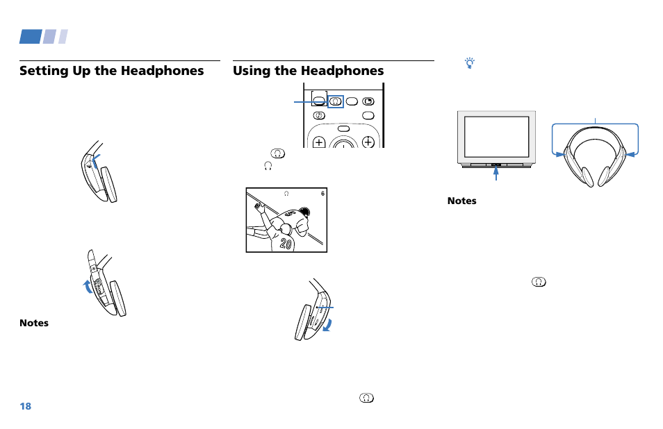 Using the wireless headphones, Setting up the headphones, Using the headphones | Sony WEGA KV-36XBR250 User Manual | Page 24 / 46