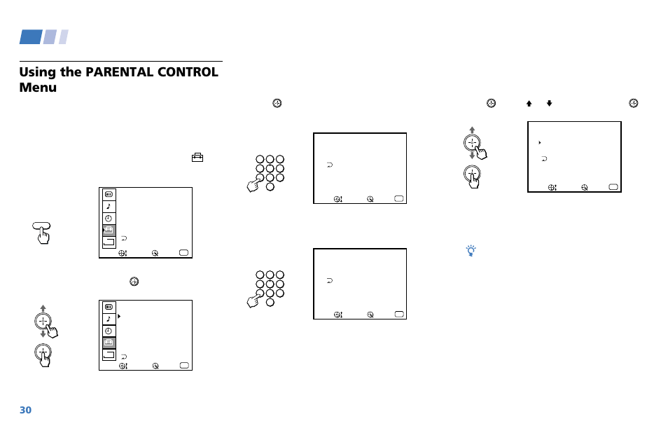 Using your menus (continued), Using the parental control menu, Press menu and select the set up menu | Point the cursor to parental control and press, Confirm your password by entering it again | Sony WEGA KV-36XBR250 User Manual | Page 36 / 46