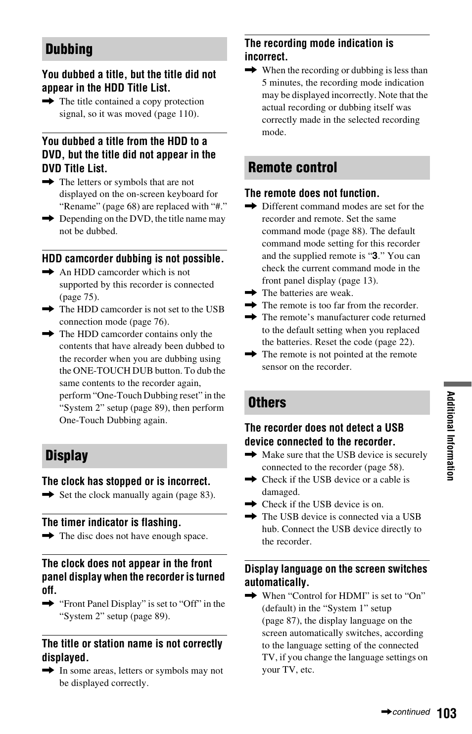 Dubbing display remote control others | Sony RDR-DC205 User Manual | Page 103 / 120