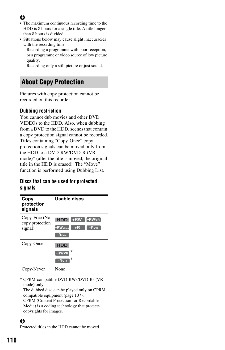 About copy protection, Dubbing restriction, Discs that can be used for protected signals | Sony RDR-DC205 User Manual | Page 110 / 120