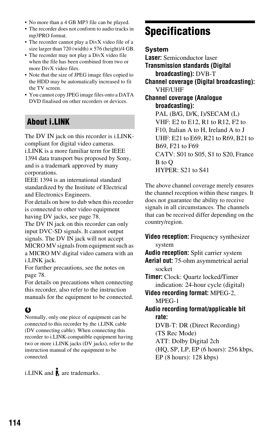 Specifications, About i.link” on, About i.link | Sony RDR-DC205 User Manual | Page 114 / 120