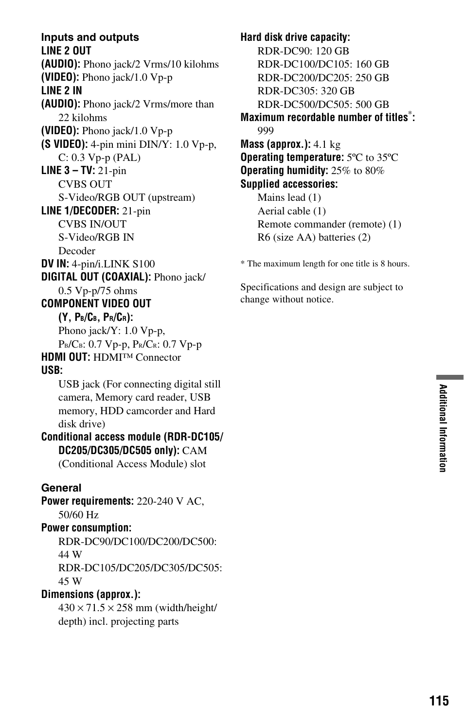 Sony RDR-DC205 User Manual | Page 115 / 120