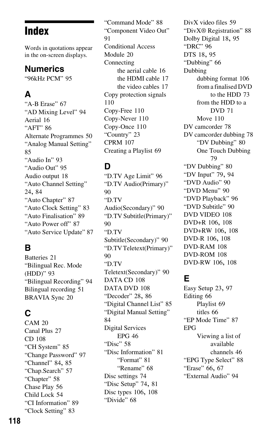 Index, Numerics | Sony RDR-DC205 User Manual | Page 118 / 120