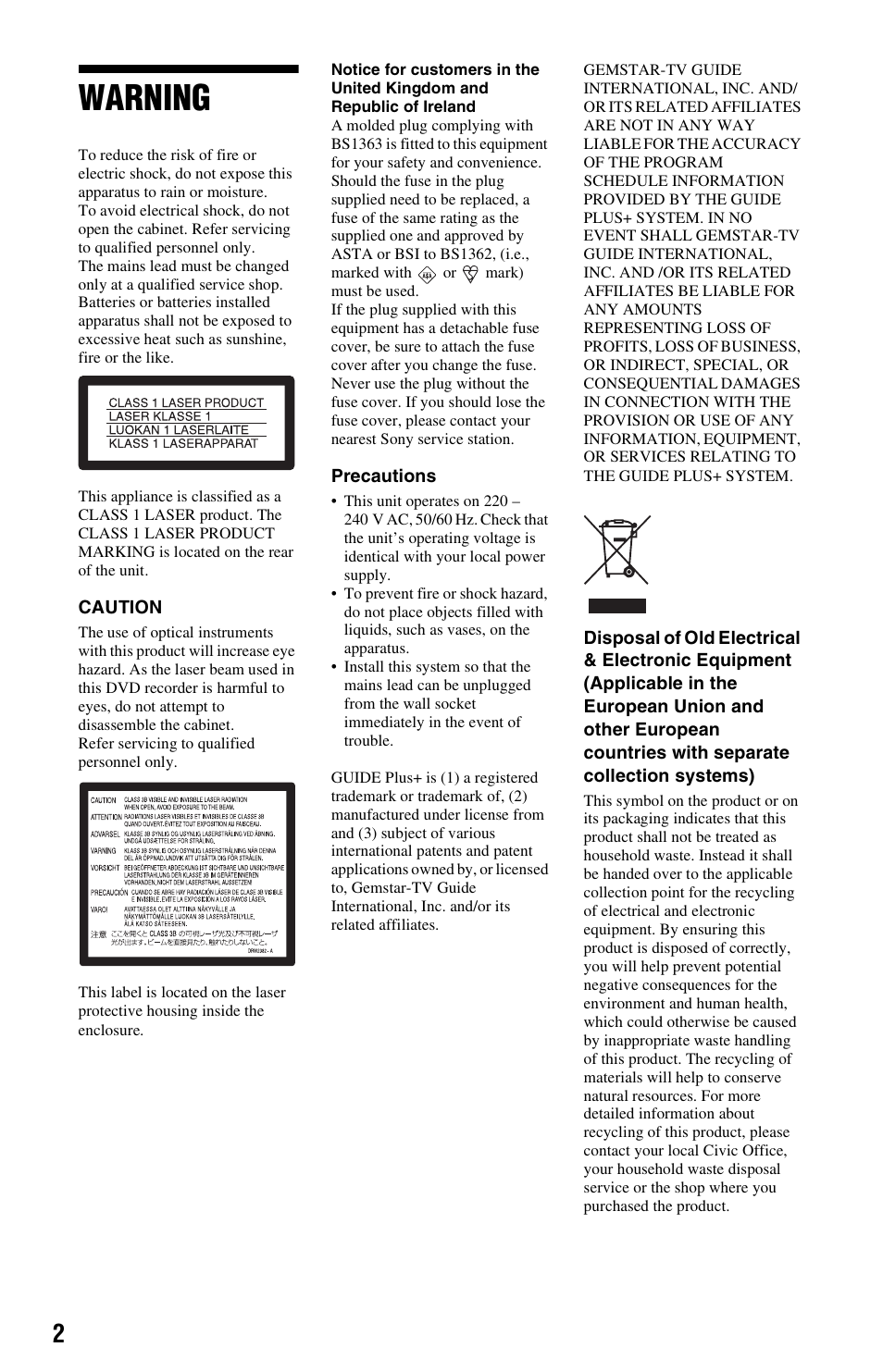 Warning | Sony RDR-DC205 User Manual | Page 2 / 120