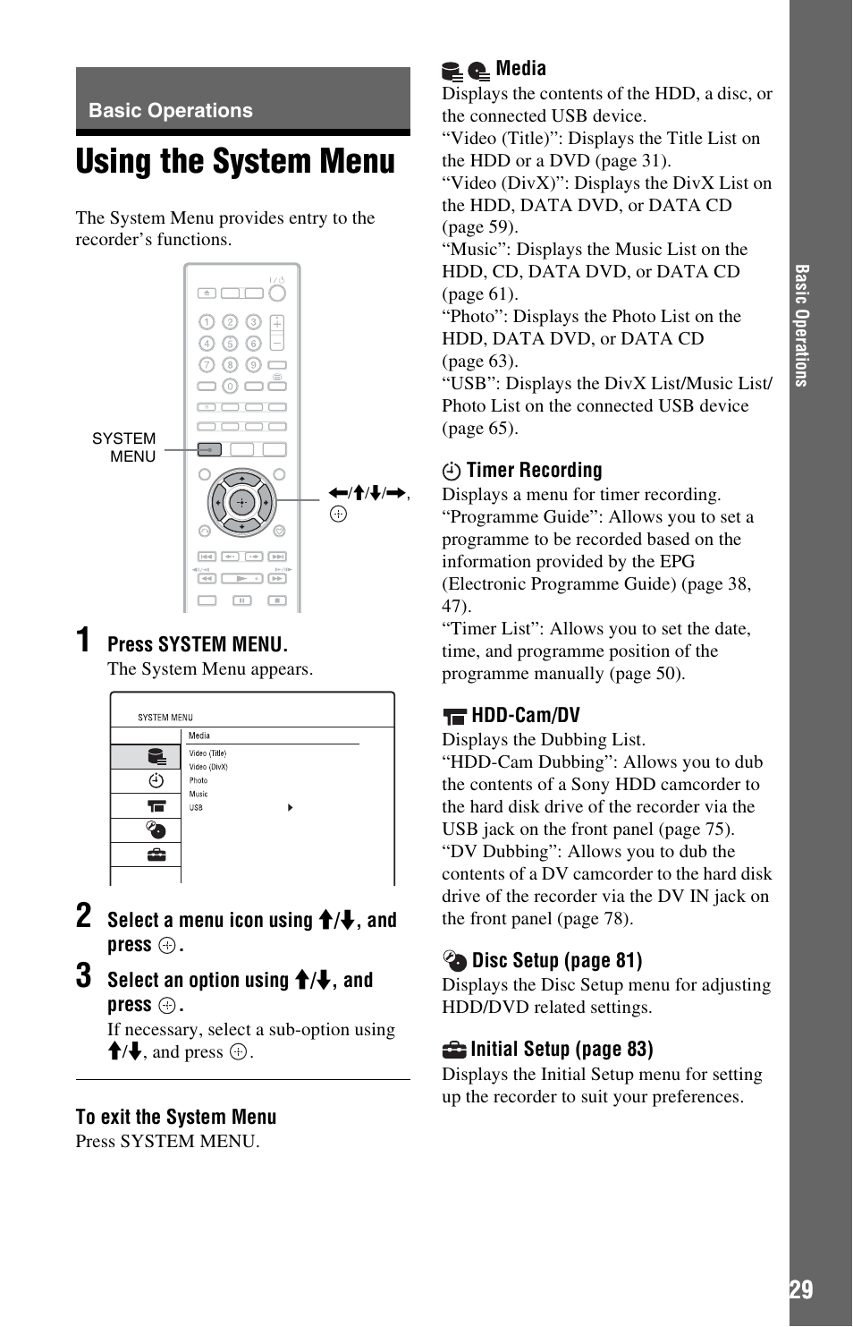 Basic operations, Using the system menu, Nu (29 | Sony RDR-DC205 User Manual | Page 29 / 120