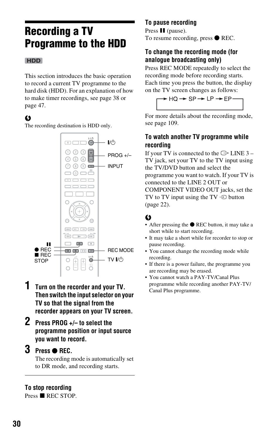 Recording a tv programme to the hdd, Me) +/– (30), Rec (30) | Rec stop (30), De (30) | Sony RDR-DC205 User Manual | Page 30 / 120