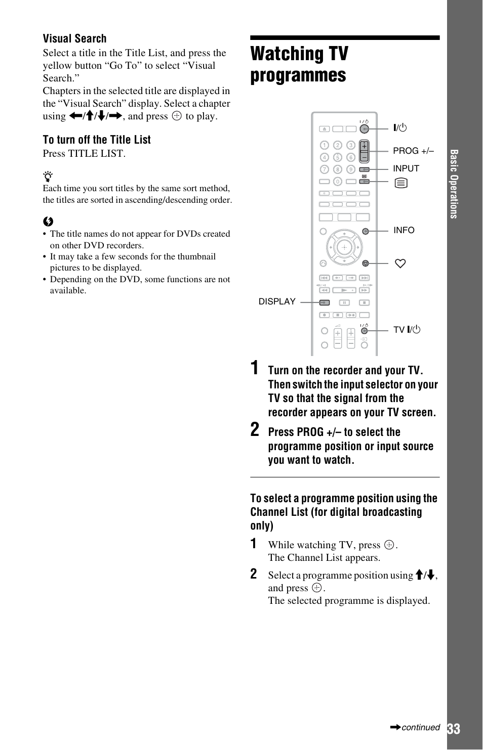 Watching tv programmes, Tv/radio (33), Watching tv programmes 1 | Sony RDR-DC205 User Manual | Page 33 / 120