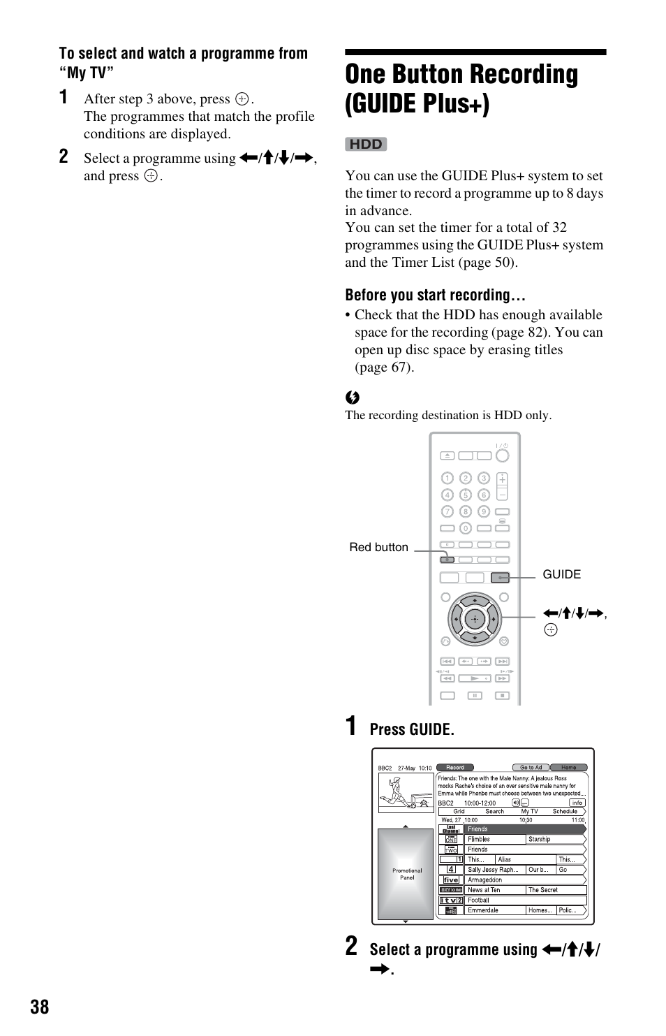 One button recording (guide plus+), E 38 | Sony RDR-DC205 User Manual | Page 38 / 120