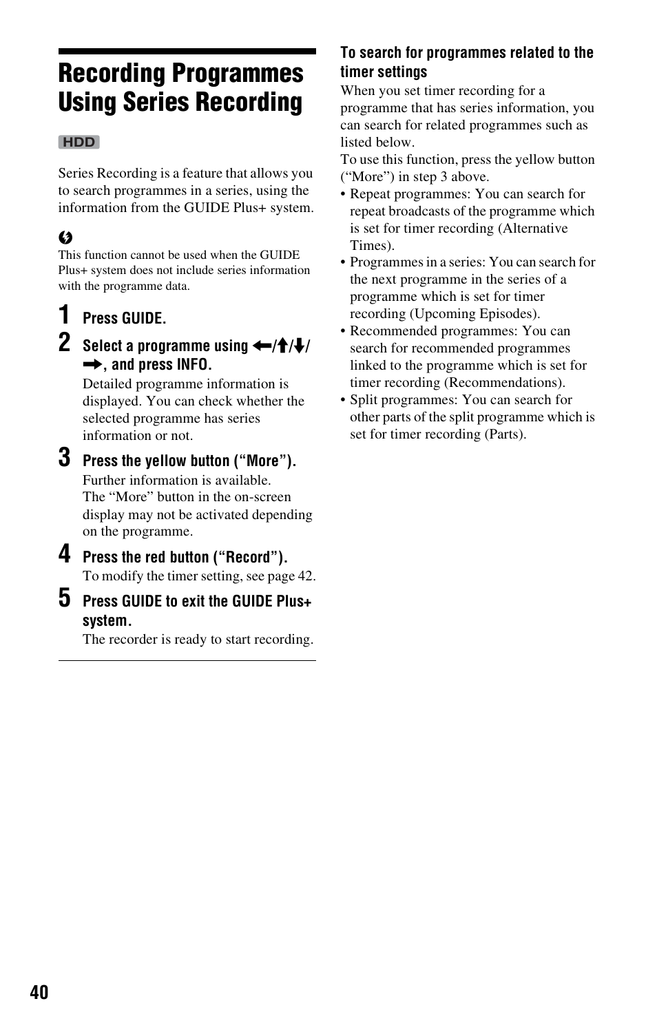 Recording programmes using series recording | Sony RDR-DC205 User Manual | Page 40 / 120