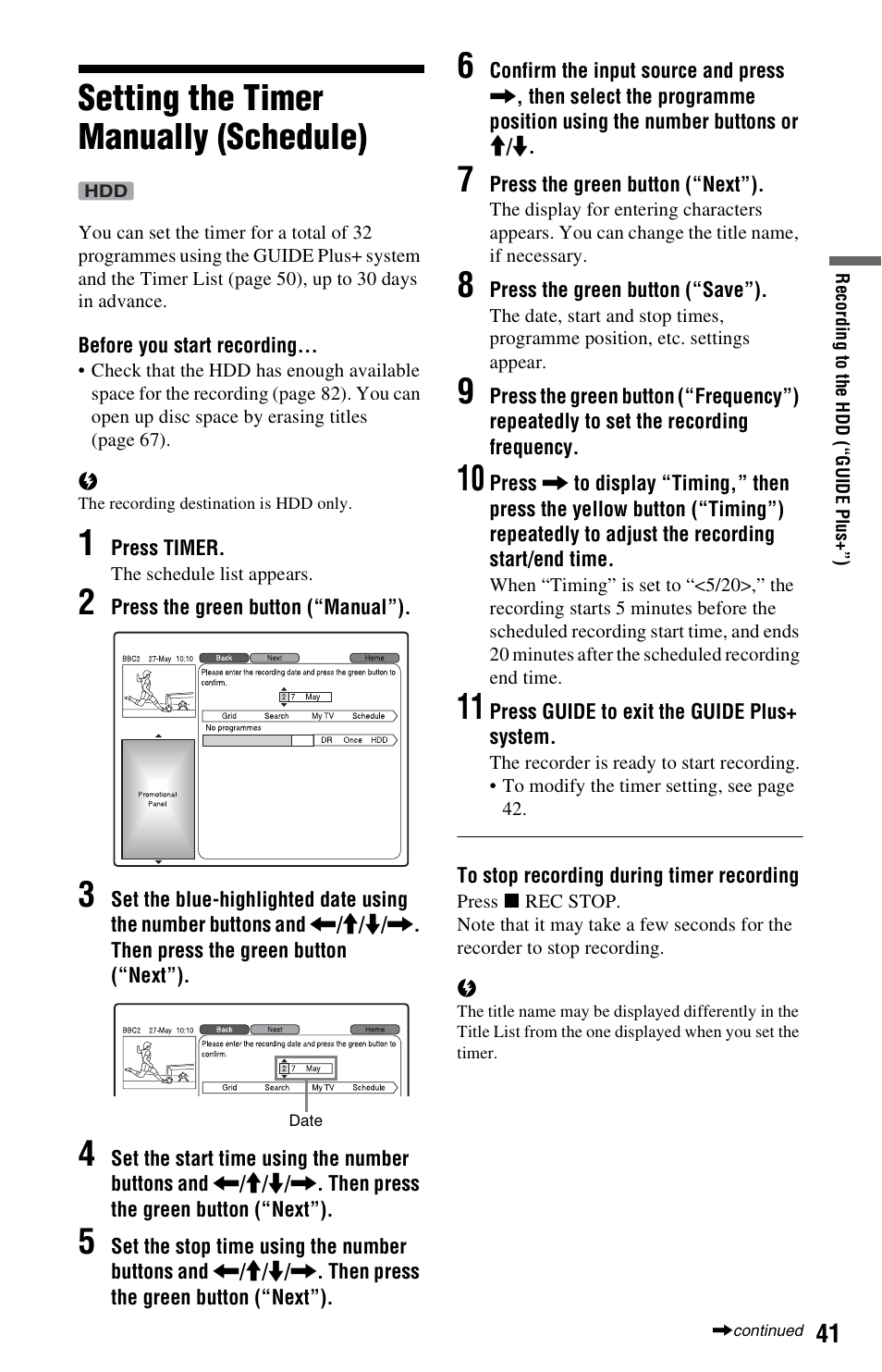 Setting the timer manually (schedule) | Sony RDR-DC205 User Manual | Page 41 / 120