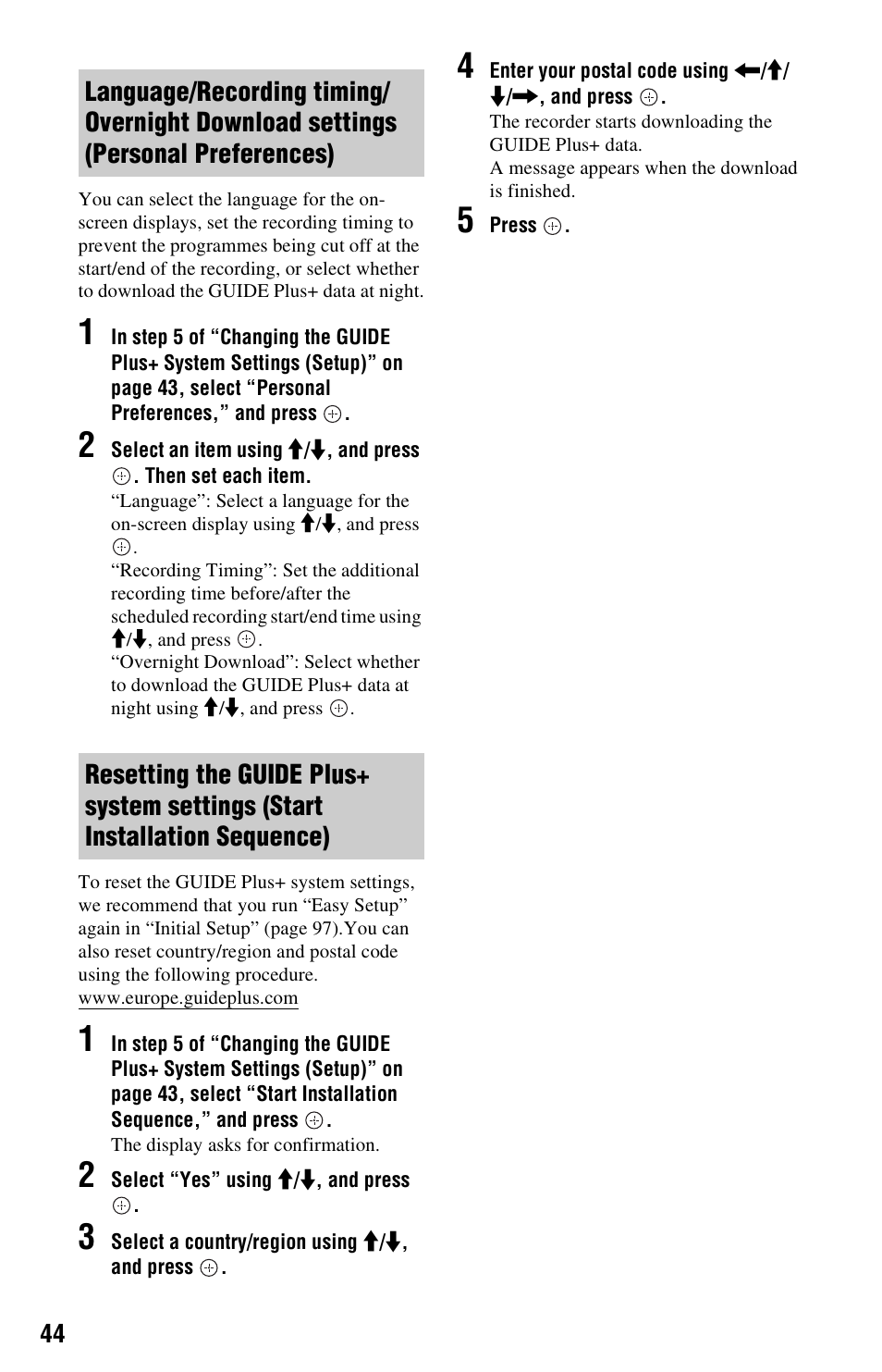 Preferences), Sequence) | Sony RDR-DC205 User Manual | Page 44 / 120