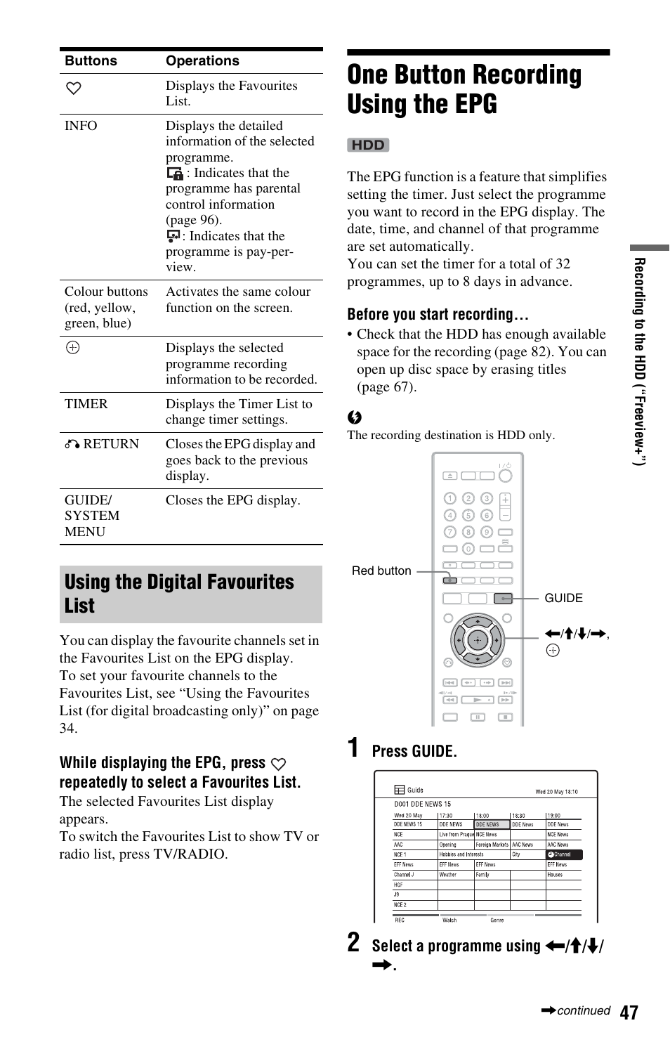 Using the digital favourites list, One button recording using the epg | Sony RDR-DC205 User Manual | Page 47 / 120