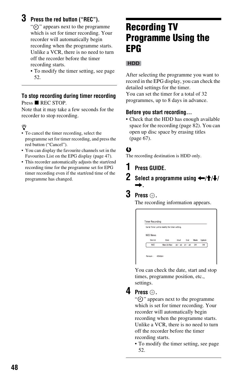 Recording tv programme using the epg | Sony RDR-DC205 User Manual | Page 48 / 120