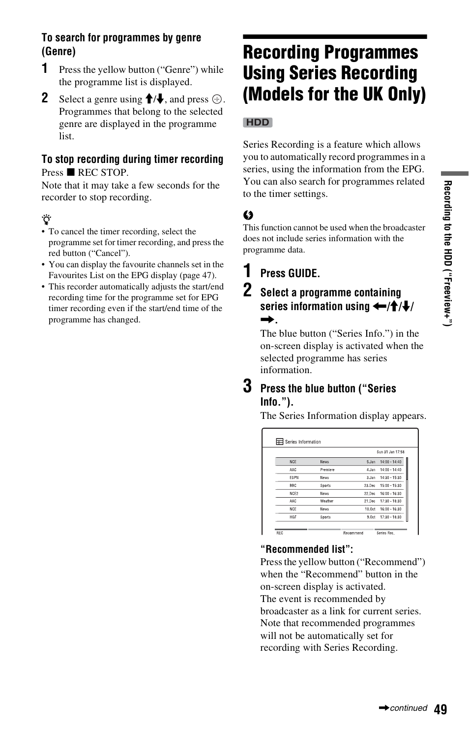 Recording programmes using series recording, Models for the uk only) | Sony RDR-DC205 User Manual | Page 49 / 120