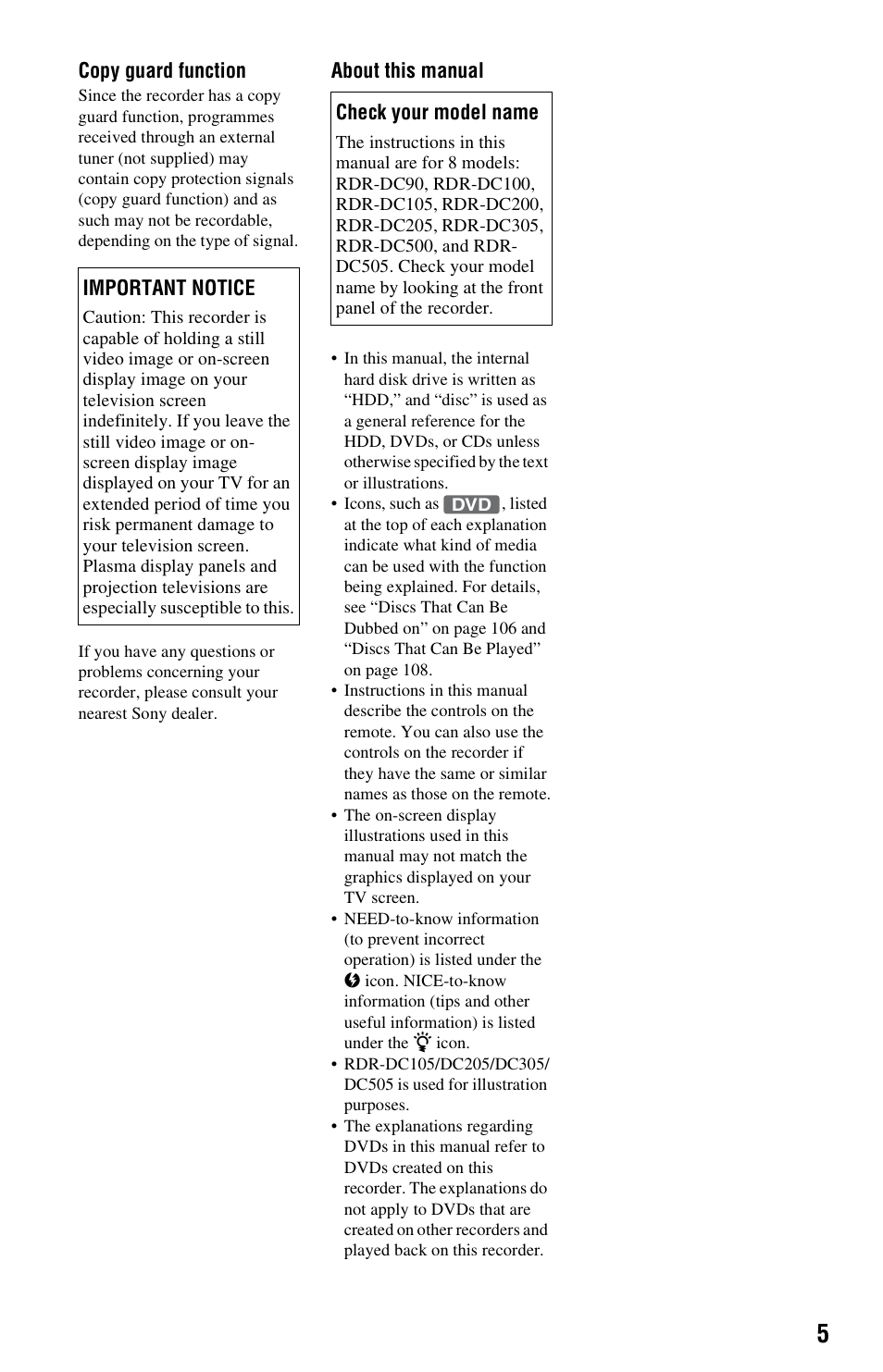 Sony RDR-DC205 User Manual | Page 5 / 120