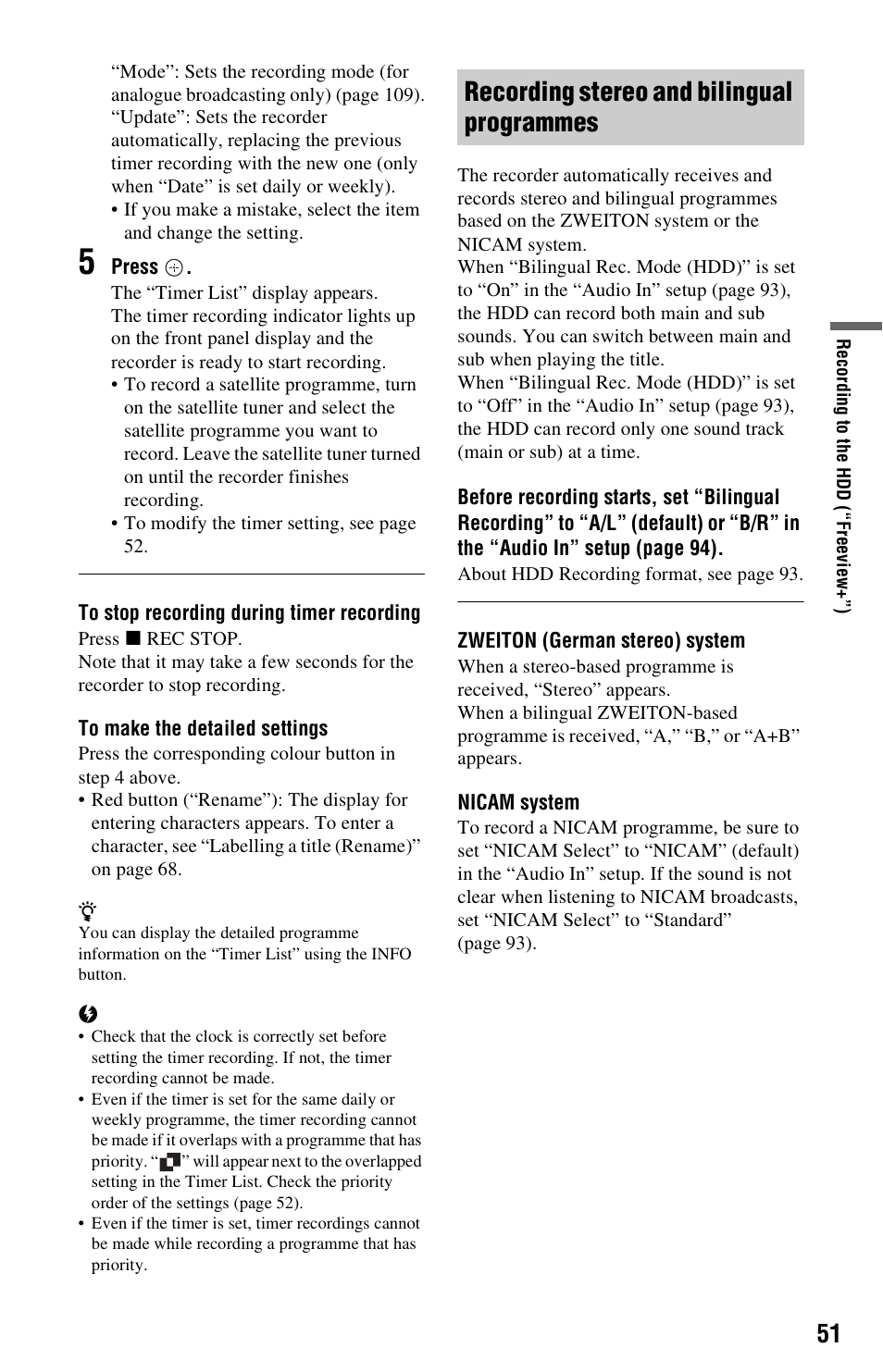 Recording stereo and bilingual programmes | Sony RDR-DC205 User Manual | Page 51 / 120