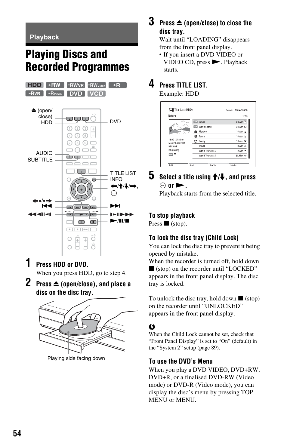 Playback, Playing discs and recorded programmes, Dvd (54) | E) (54), Nu (54), Playing discs and recorded programmes 1 | Sony RDR-DC205 User Manual | Page 54 / 120