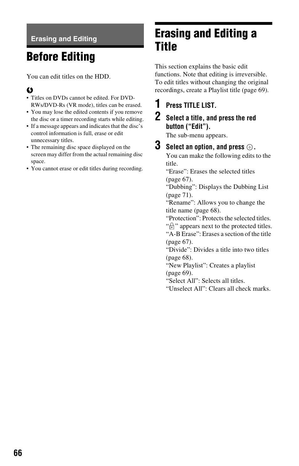 Erasing and editing, Before editing, Erasing and editing a title | Before editing erasing and editing a title | Sony RDR-DC205 User Manual | Page 66 / 120