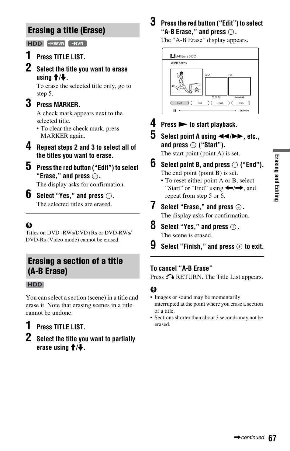 Erasing a title (erase), Erasing a section of a title (a-b erase) | Sony RDR-DC205 User Manual | Page 67 / 120