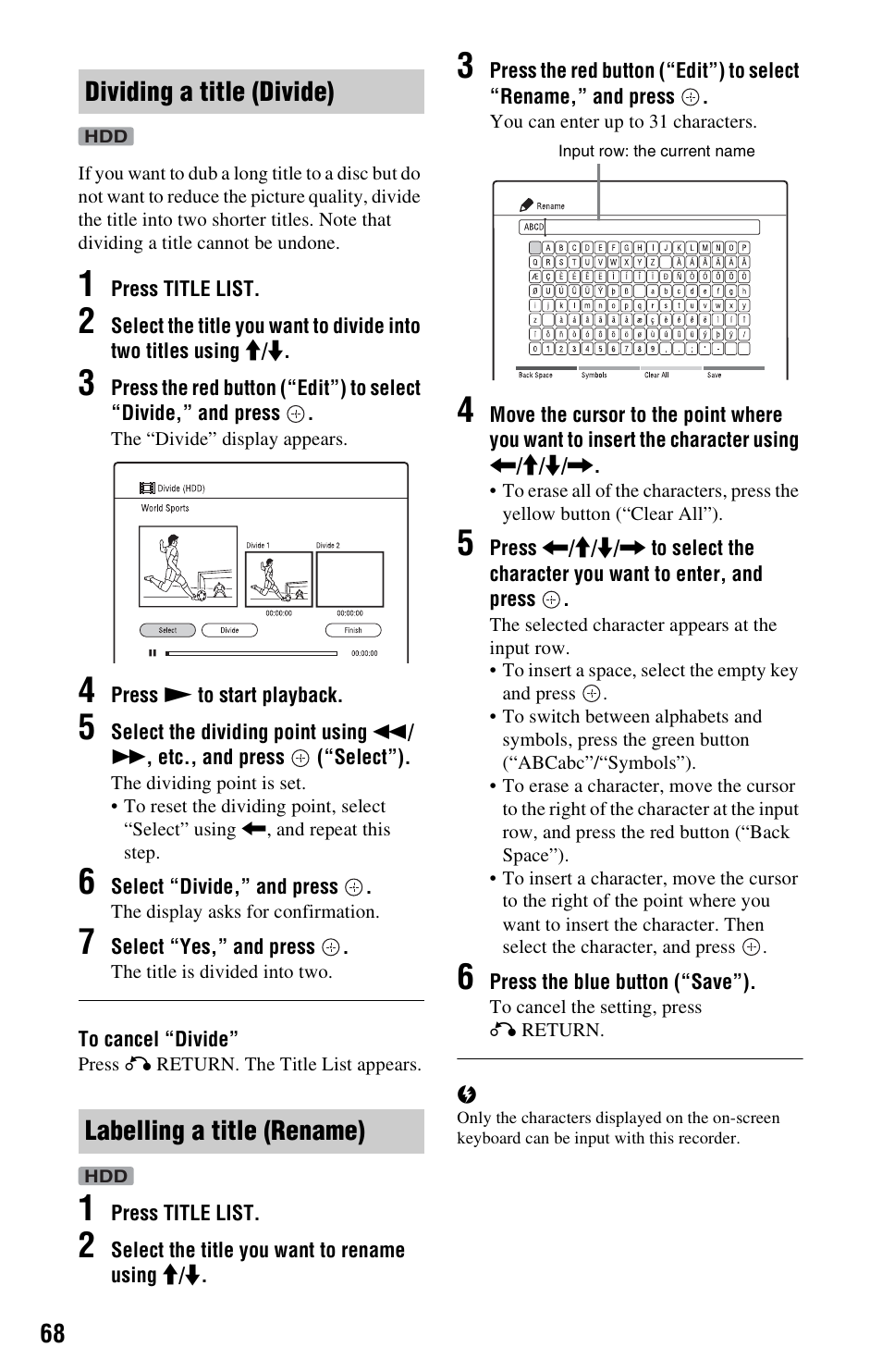 Dividing a title (divide), Labelling a title (rename), E “labelling a title (rename) | Sony RDR-DC205 User Manual | Page 68 / 120