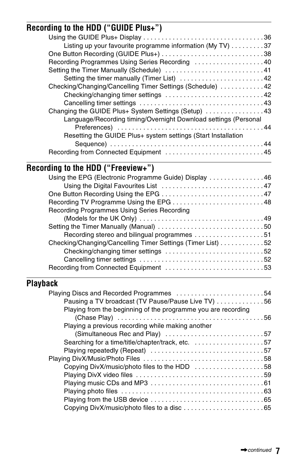 7recording to the hdd (“guide plus+”), Recording to the hdd (“freeview+”), Playback | Sony RDR-DC205 User Manual | Page 7 / 120