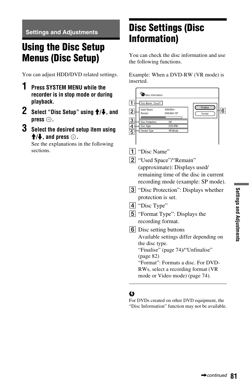 Settings and adjustments, Using the disc setup menus (disc setup), Disc settings (disc information) | Sony RDR-DC205 User Manual | Page 81 / 120