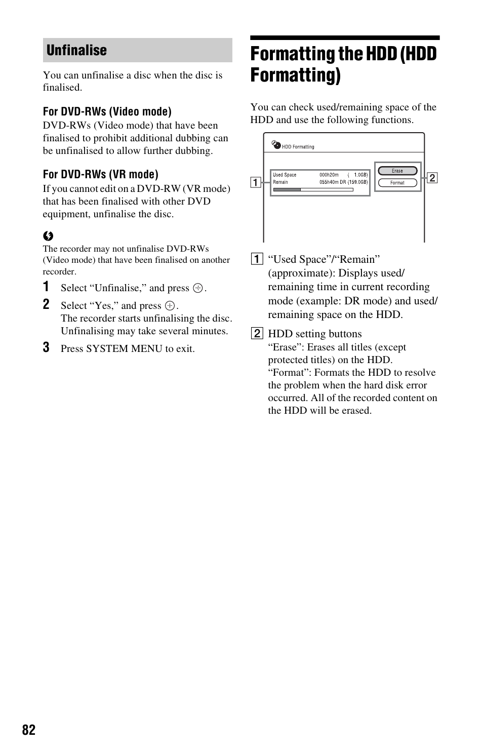 Formatting the hdd (hdd formatting), Unfinalise | Sony RDR-DC205 User Manual | Page 82 / 120