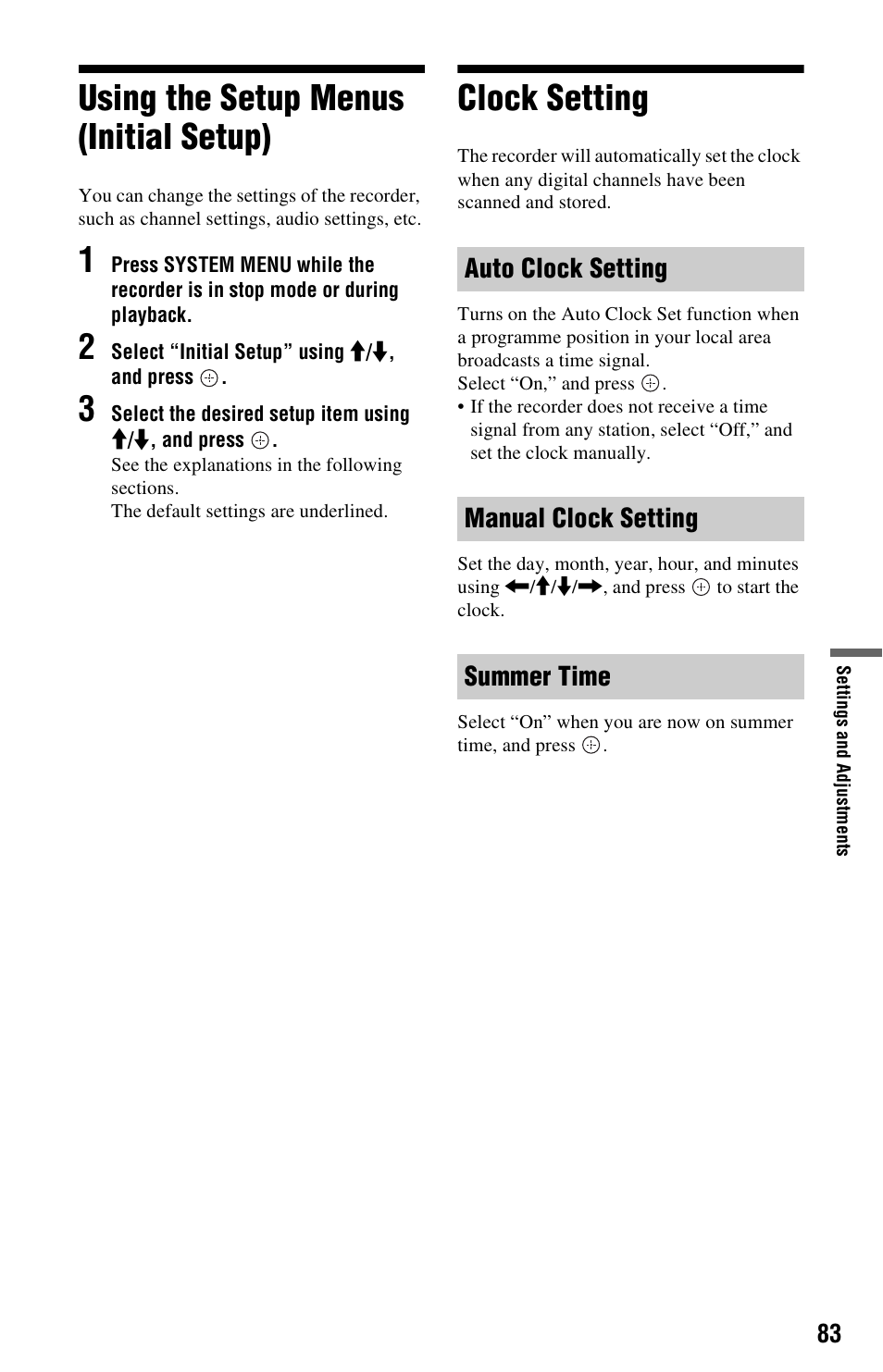 Using the setup menus (initial setup), Clock setting | Sony RDR-DC205 User Manual | Page 83 / 120