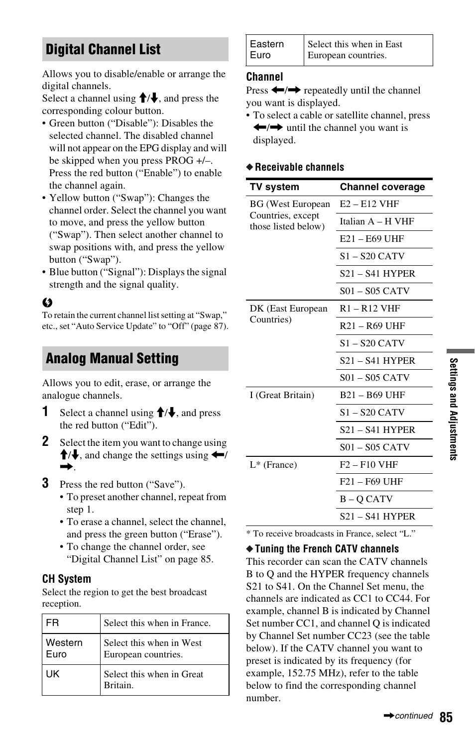 Digital channel list analog manual setting | Sony RDR-DC205 User Manual | Page 85 / 120