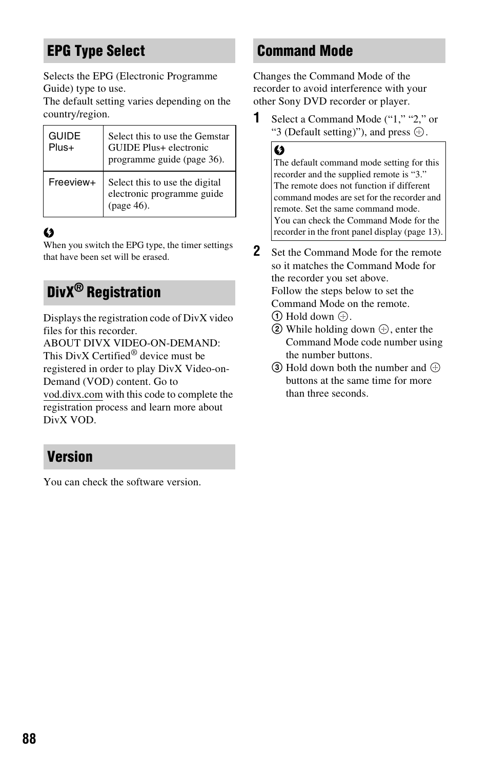 Epg type select, Divx, Registration version command mode | Sony RDR-DC205 User Manual | Page 88 / 120