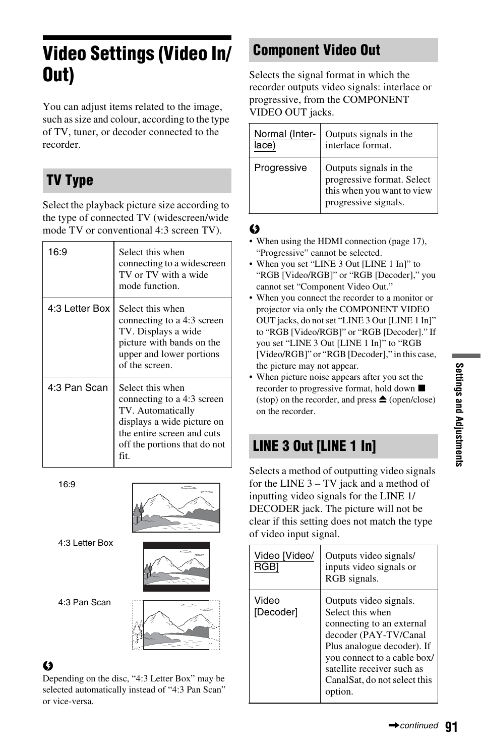 Video settings (video in/out), Video settings (video in/ out), Tv type | Component video out, Line 3 out [line 1 in | Sony RDR-DC205 User Manual | Page 91 / 120