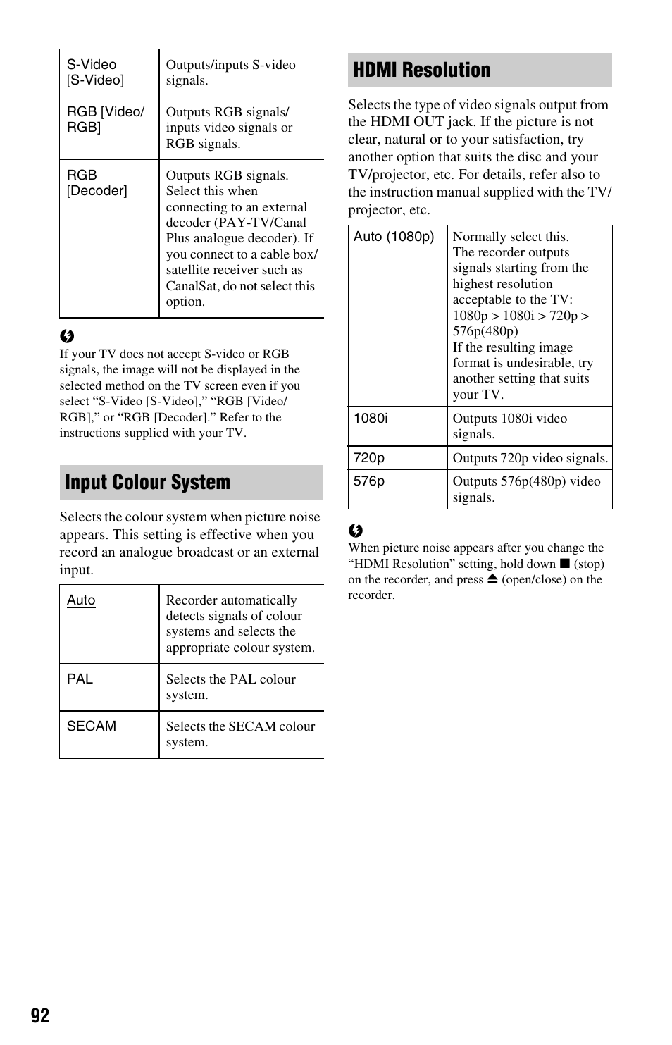 Input colour system, Hdmi resolution | Sony RDR-DC205 User Manual | Page 92 / 120