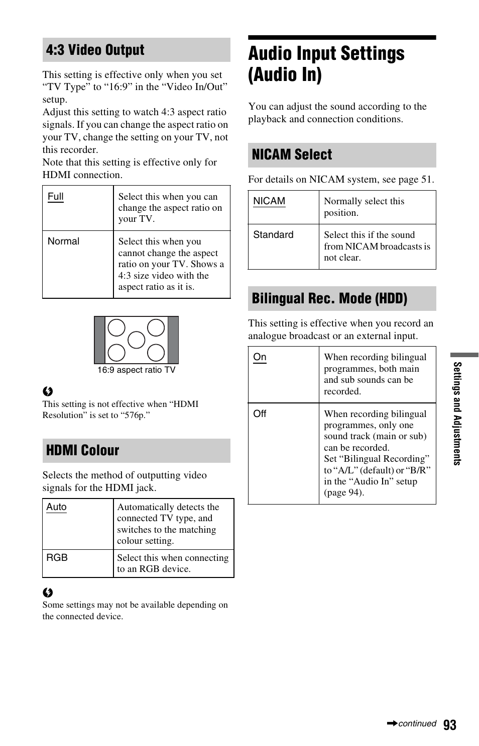 Audio input settings (audio in), 3 video output, Hdmi colour | Nicam select, Bilingual rec. mode (hdd) | Sony RDR-DC205 User Manual | Page 93 / 120