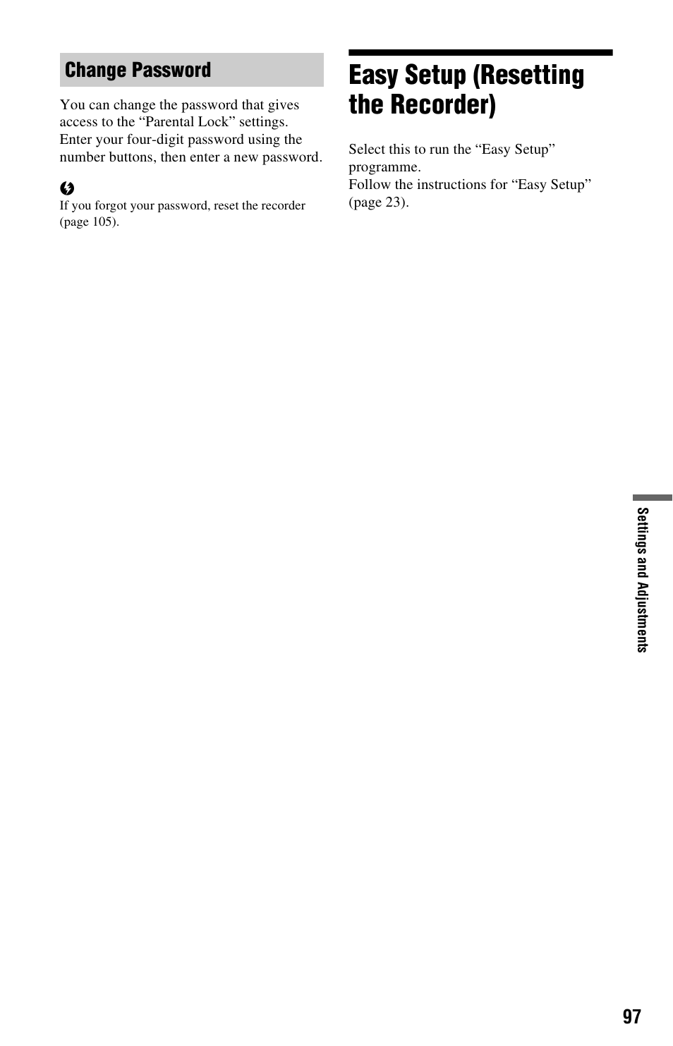 Easy setup (resetting the recorder), Change password | Sony RDR-DC205 User Manual | Page 97 / 120