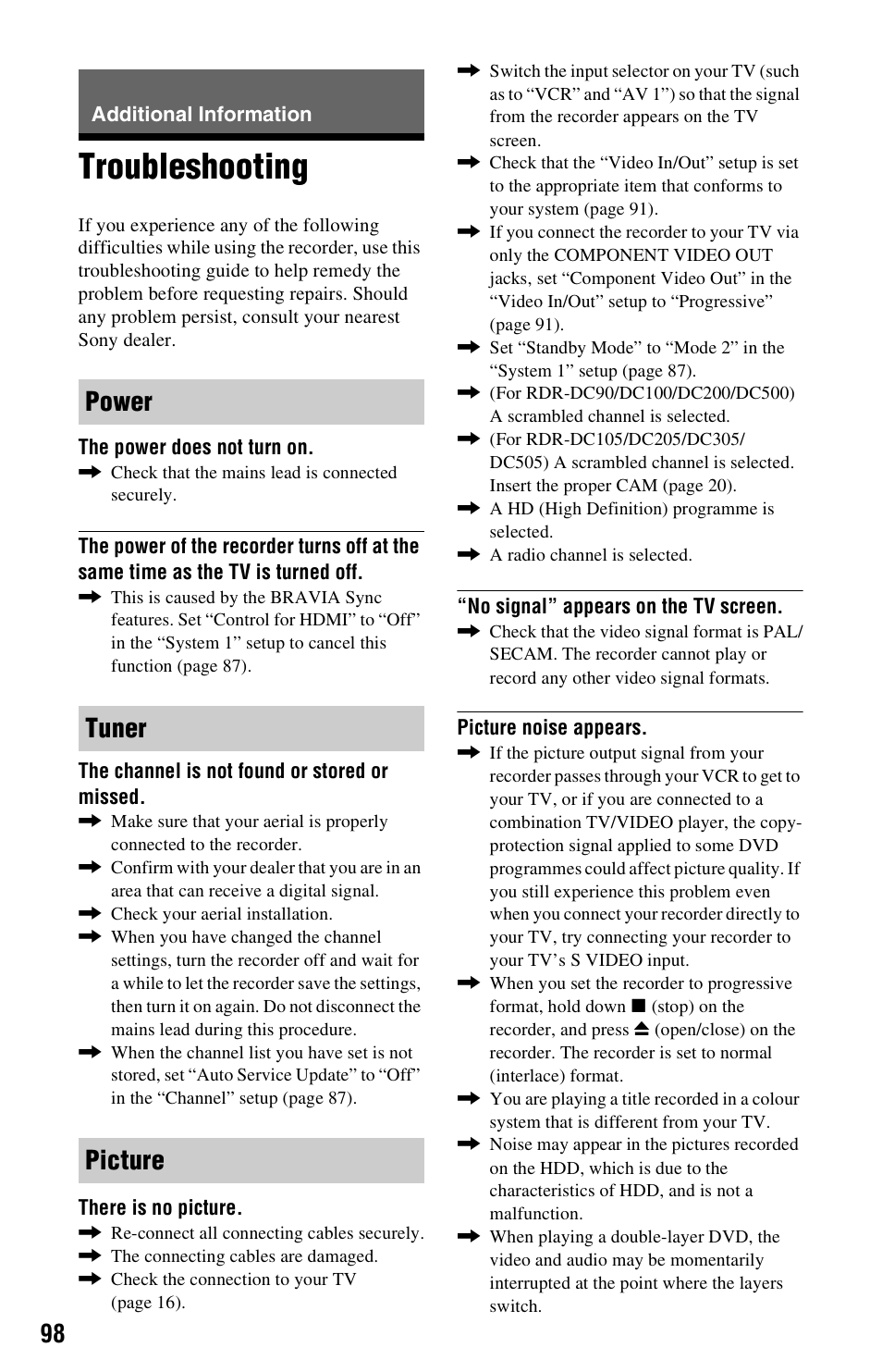 Additional information, Troubleshooting, Power tuner picture | Sony RDR-DC205 User Manual | Page 98 / 120