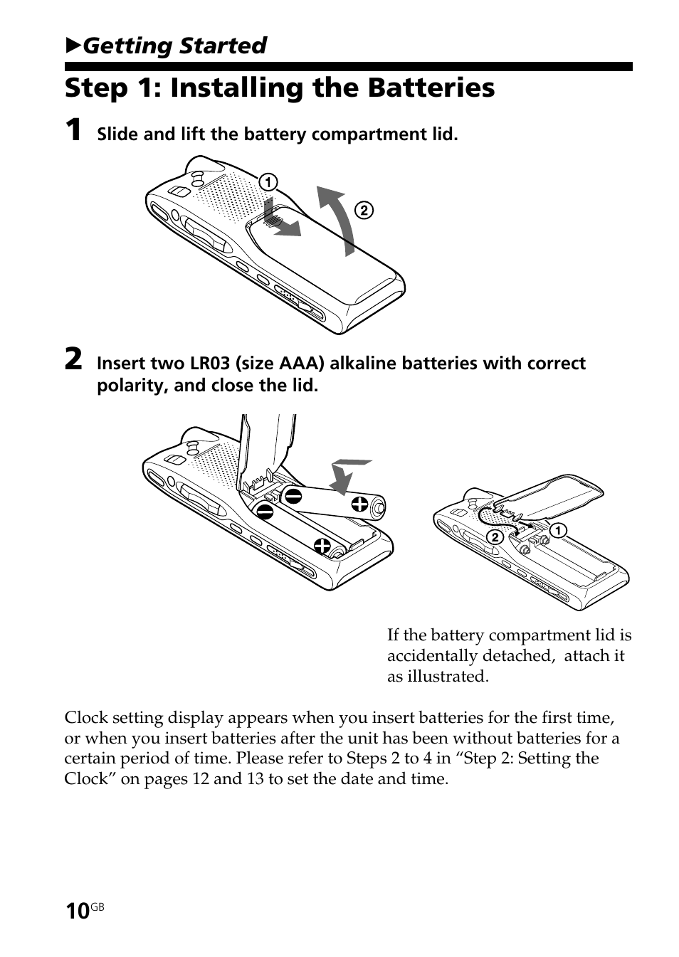 Getting started, Step 1: installing the batteries | Sony ICD-BP User Manual | Page 10 / 96