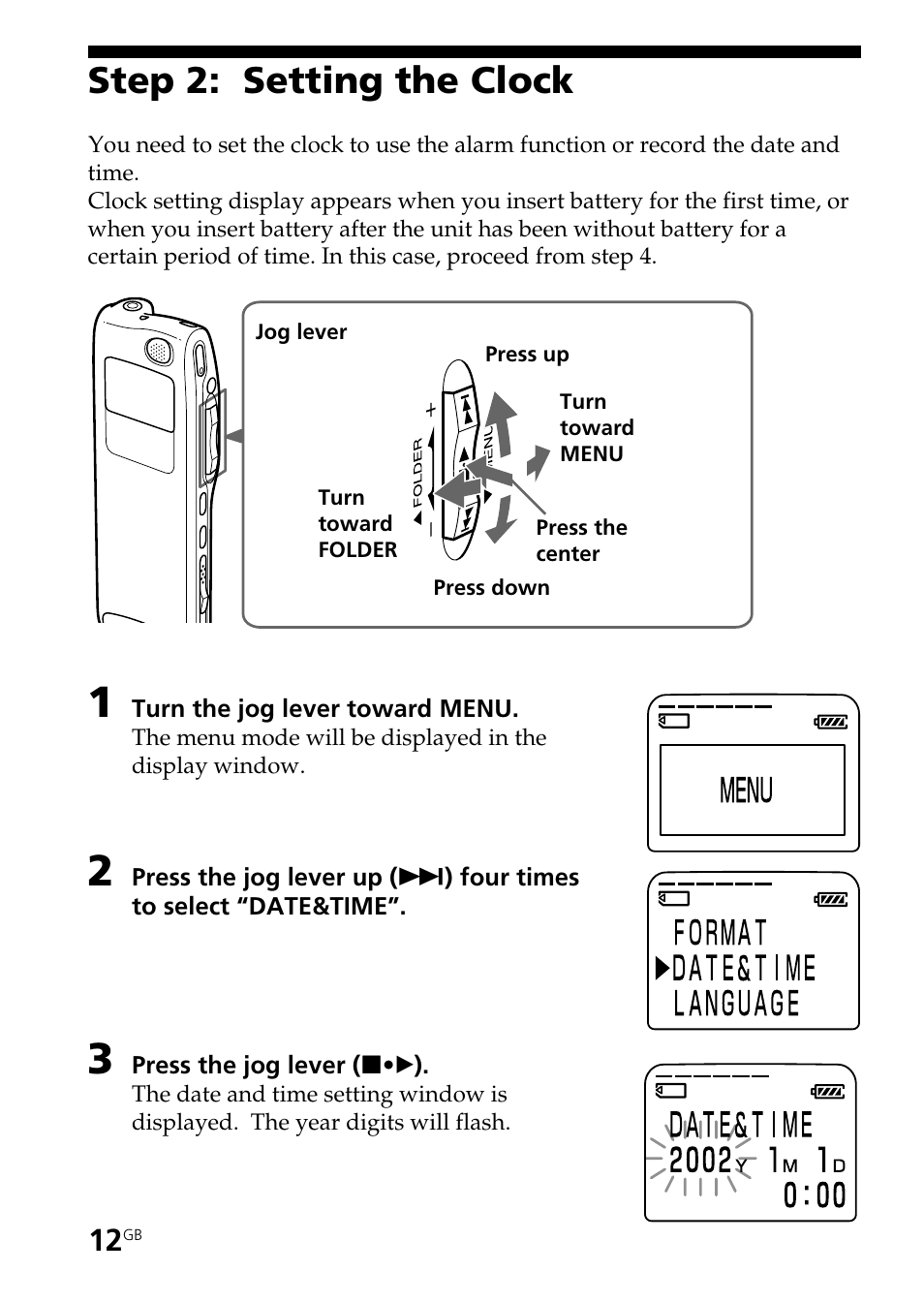 Step 2: setting the clock | Sony ICD-BP User Manual | Page 12 / 96