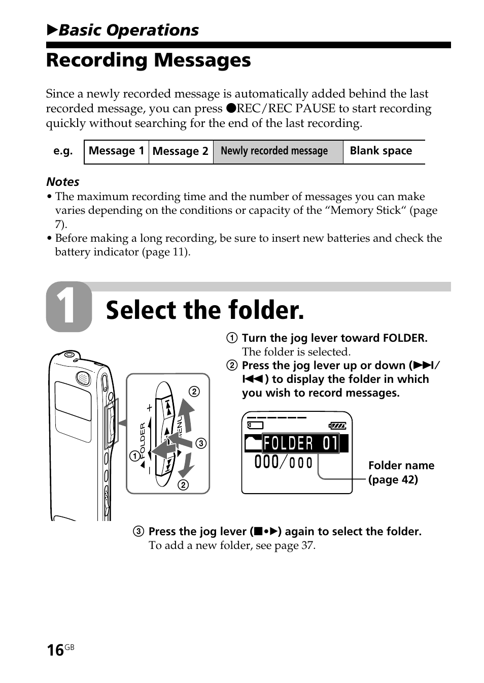 Basic operations, Recording messages, Select the folder | Bbasic operations | Sony ICD-BP User Manual | Page 16 / 96