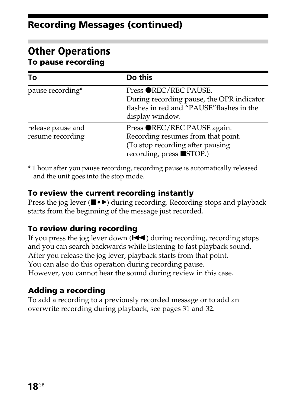 Other operations, Recording messages (continued) | Sony ICD-BP User Manual | Page 18 / 96