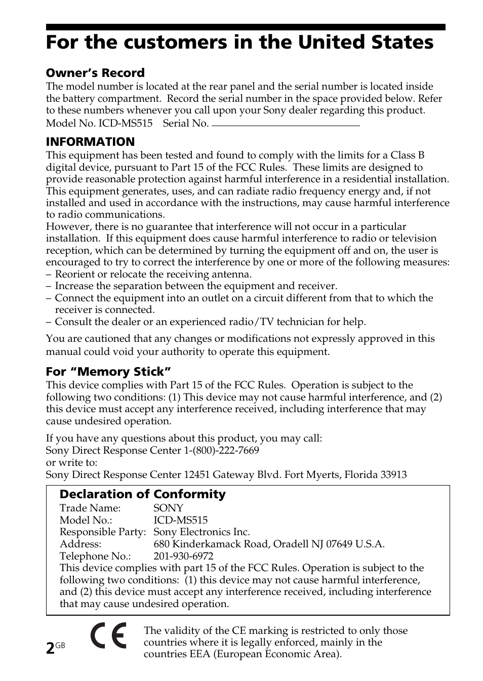 For the customers in the united states | Sony ICD-BP User Manual | Page 2 / 96