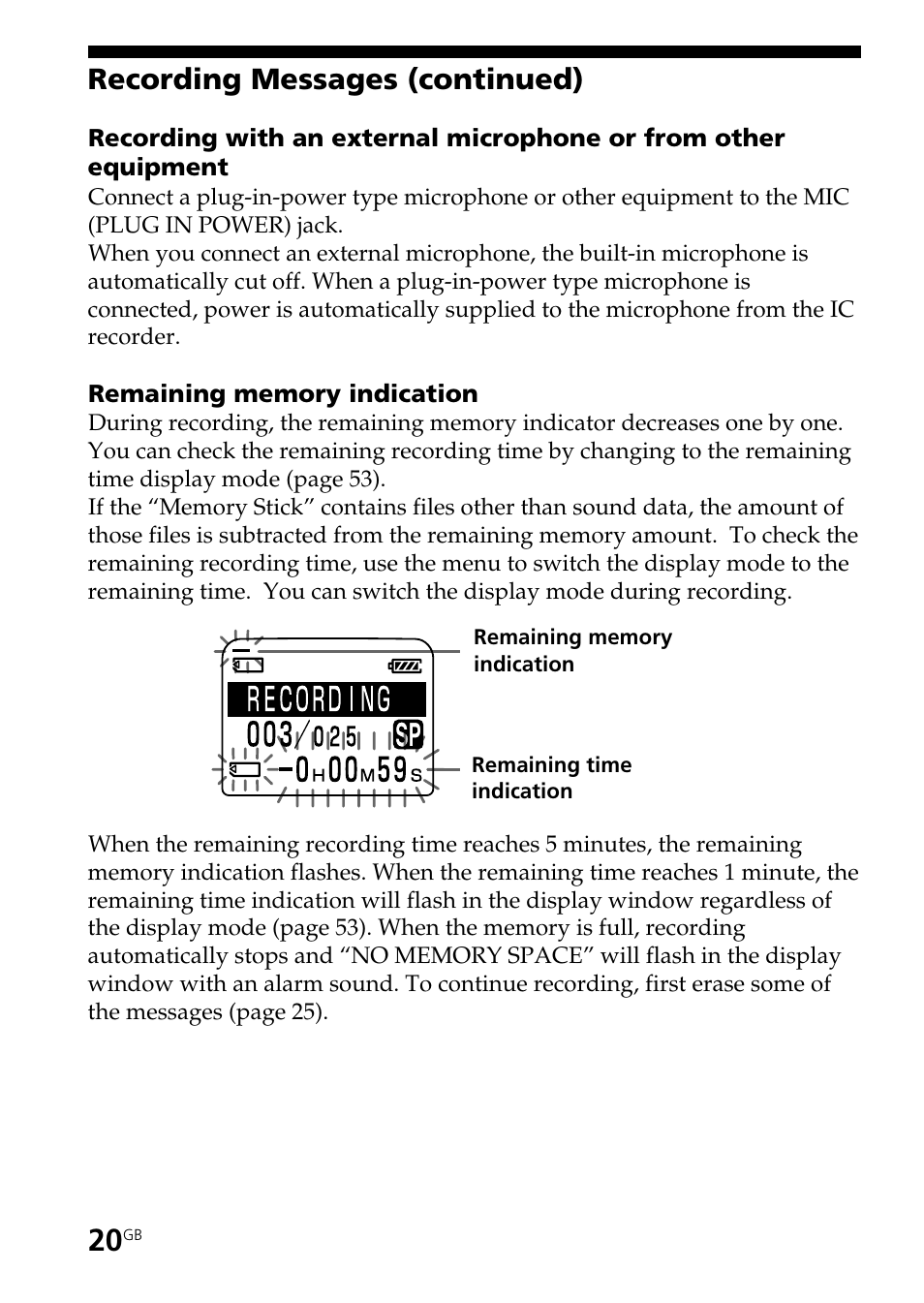 Recording messages (continued) | Sony ICD-BP User Manual | Page 20 / 96