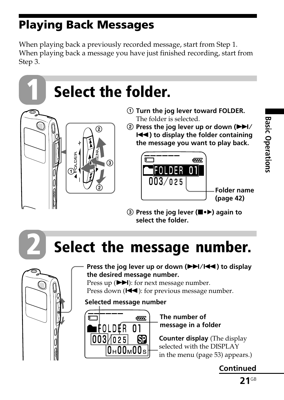 Playing back messages, Select the folder, Select the message number | Sony ICD-BP User Manual | Page 21 / 96